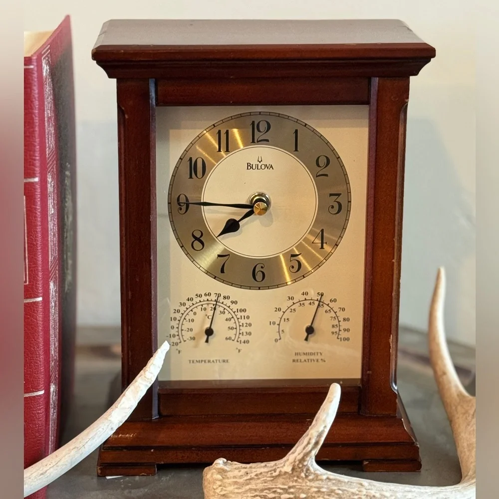 Vintage Bulova Gold and Brown Mantle Clock with Thermometer and Hygrometer